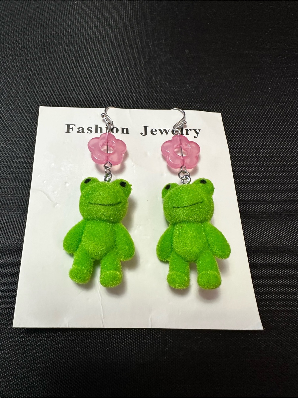 Cute Green Frog Plush Earrings with Pink Flower Accents